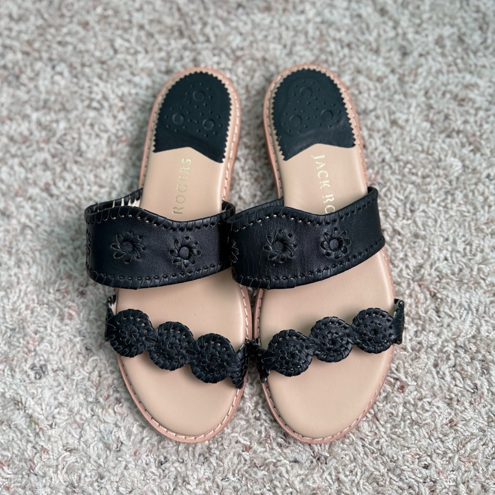 Jack Rogers Black and Nude Two-Band Leather Slide Sandals
